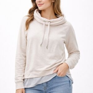 Té Verde Cowl Neck Pullover Hoodie Medium Beige Mesh Hem High Low Top